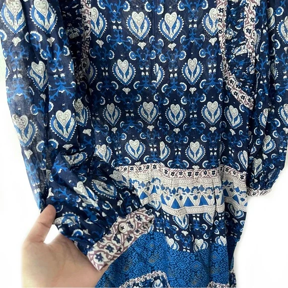 SEA NEW YORK Brigitte Border Puff Sleeve Print Dress in Navy Sz L - Picture 6 of 9